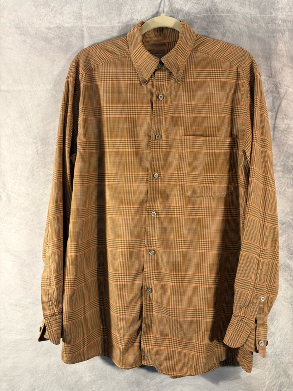 Talbots Mens Medium Brown Tan Plaid Button Down Shirt Long Sleeve Classic Fit